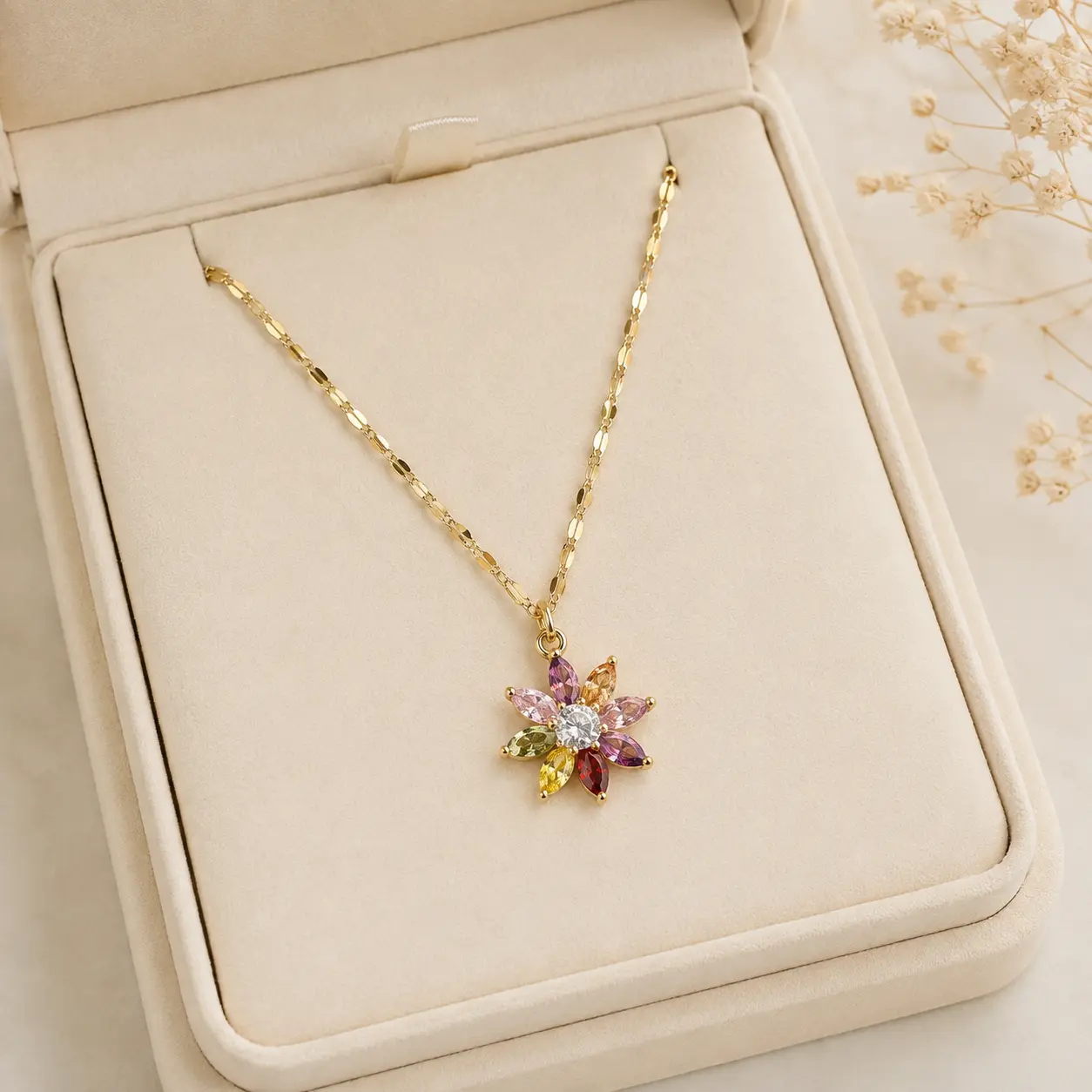 Multicolor Flower Necklace, Gold Stainless Steel, Rainbow CZ Floral Pendant, 18 Inch Adjustable Jewelry Gift for Her