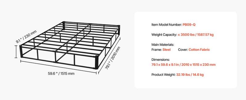 VEVOR Box Spring, Queen Size Bed Frame with Washable Fabric Cloth, Heavy Duty Metal Frame for Queen Bed, 9 in Mattress Foundation, 3500 lbs Max Weight Capacity, Easy Assembly, 79.1L x 59.6W x 9.1H in