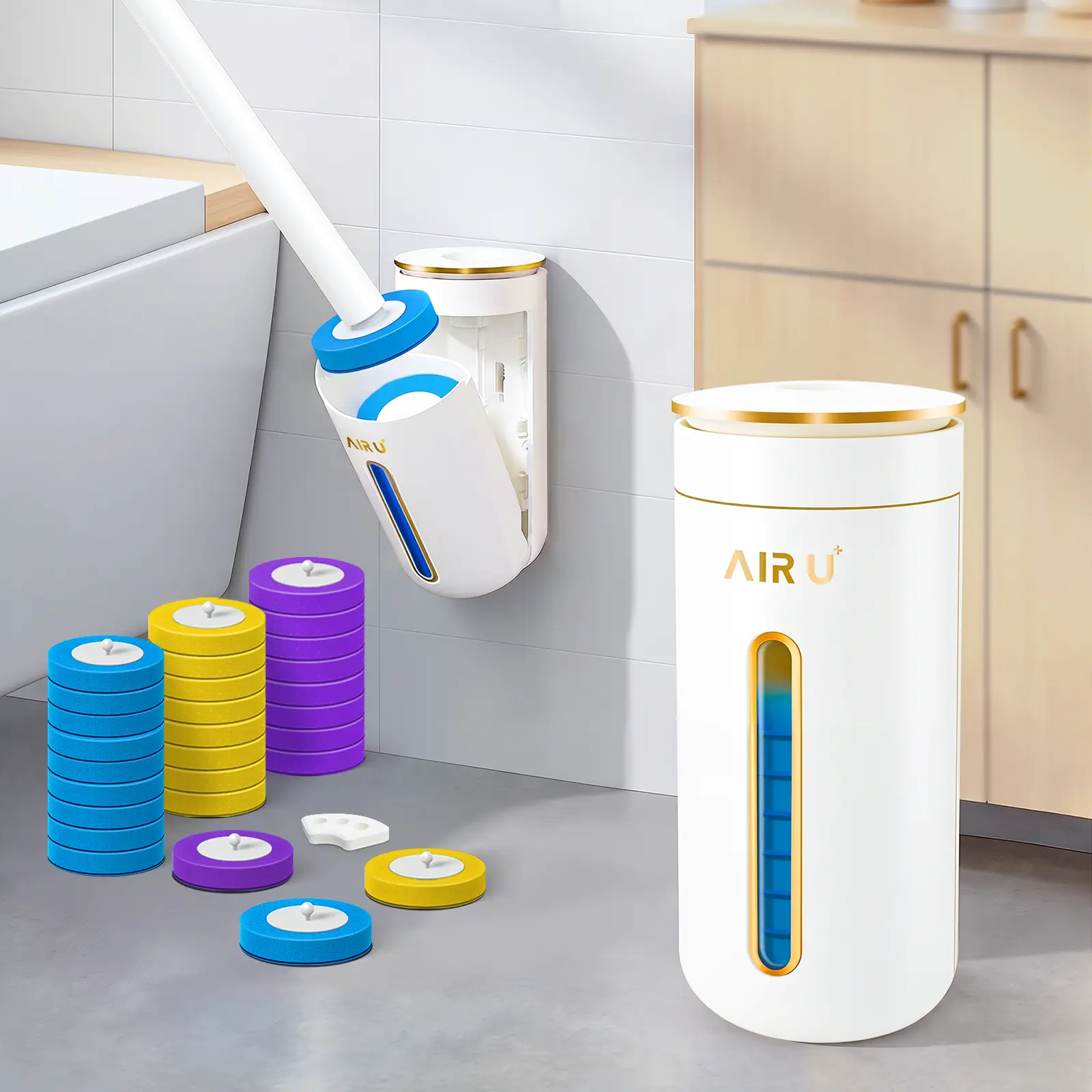 AIR U Disposable Toilet Brush, Toilet Bowl WandHolder Set with 24PCS Cleaner Refills, BathroomCleaning System for Sink Bathtub Drain Wash BasinUrinal, Wall-Mount Scrubbing Toilet BrushBathroom Cleaning Kit