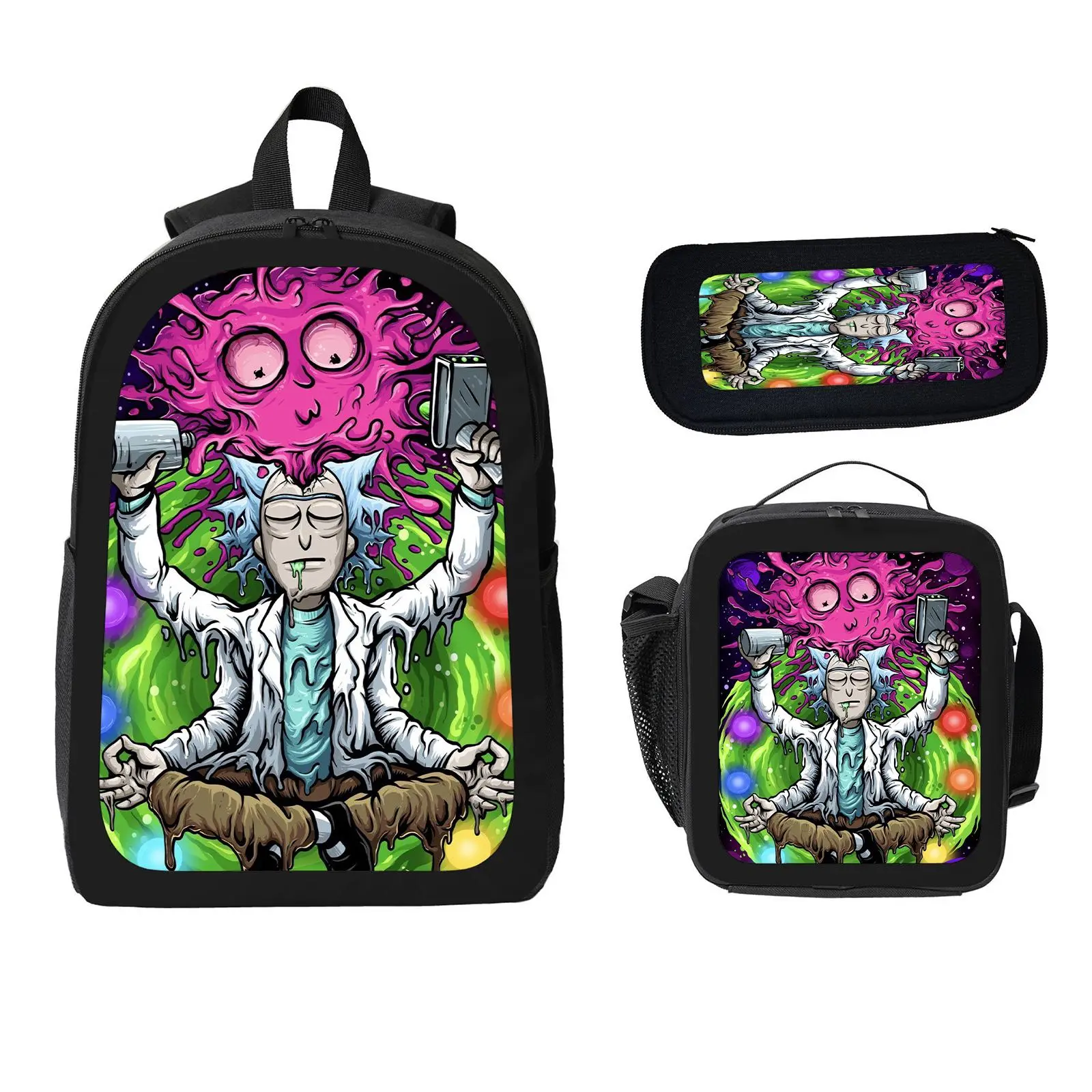 Rick and Morty  3 Pcs School Backpack Set for Boys Girls Kids, Large Capacity Bookbag with Insulated Lunch Bag Pencil Case, Water Resistant Travel Daypack for Elementary Middle School a-47