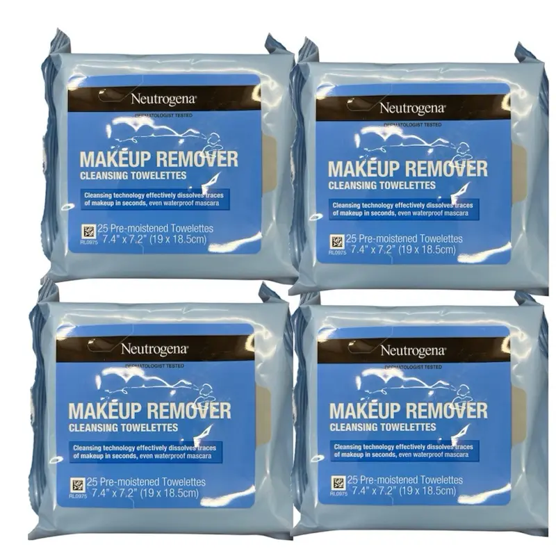 Neutrogena Makeup Remover Cleansing Wipes, Daily Pre-Moistened Towelettes (25 Count per Pack, 4 Pack Total), Makeup Remover Wipes, Cosmetic, Quick, Convenient Makeup Removal