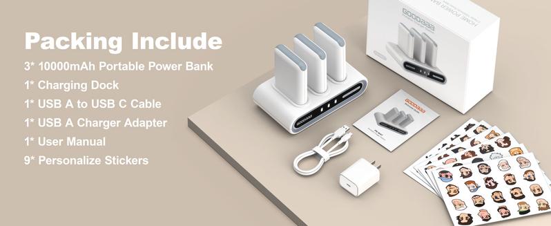 GOODaaa Family Power Hub with 180 DIY Stickers Home Power Bank 3-Pack 10000mAh Portable Charger Built-in Cables for All Mobile Devices USB Type-C Input Output for Home Office Travel