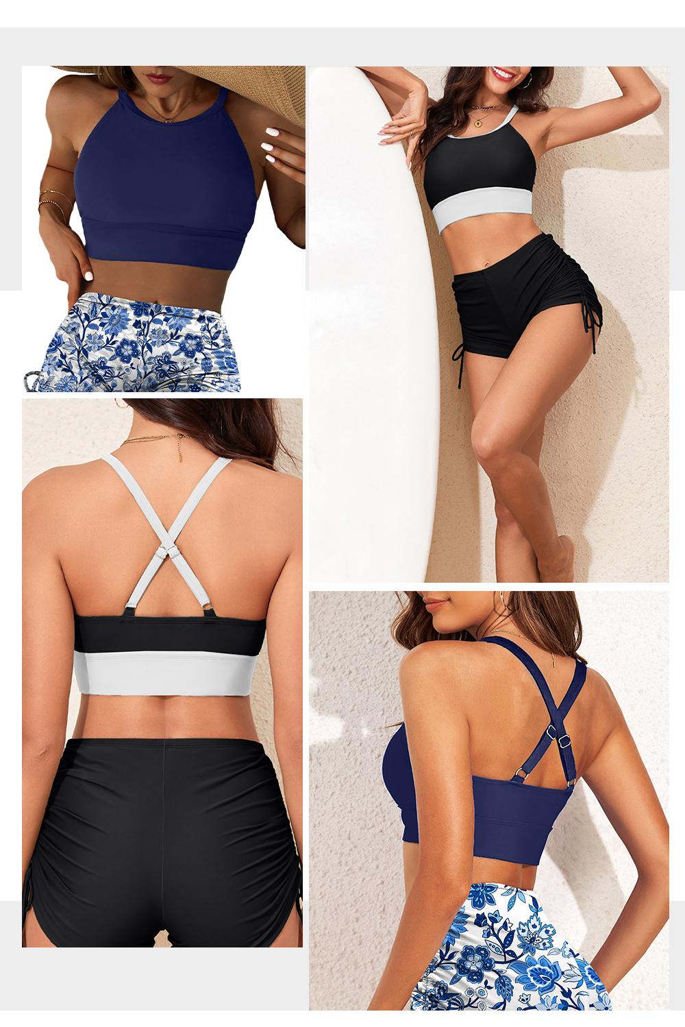 Aleumdr Women's Floral Print Drawstring Boyshorts Swimsuits Criss Cross Top Bikini Sets High Waisted Two Pieces Bathing Suits Beach Swimming Clothing Pink White Aleumdr Women's Floral Print Drawstring Boyshorts Swimsuits Criss Cross Top Bikini Sets High Waisted Two Pieces Bathing Suits Beach Swimming Clothing Pink White