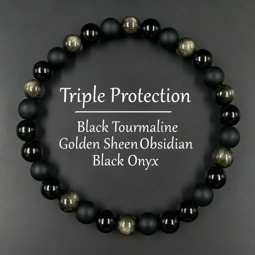 Triple Protection Natural Crystal Beaded Bracelet - 6mm Black Obsidian & Agate, Unisex Healing Crystal Jewelry, Casual Inspirational Bracelet for Emotional Balance, Anxiety Relief, Daily Wear Gift, Inspirational Beaded Bracelet backtoschool