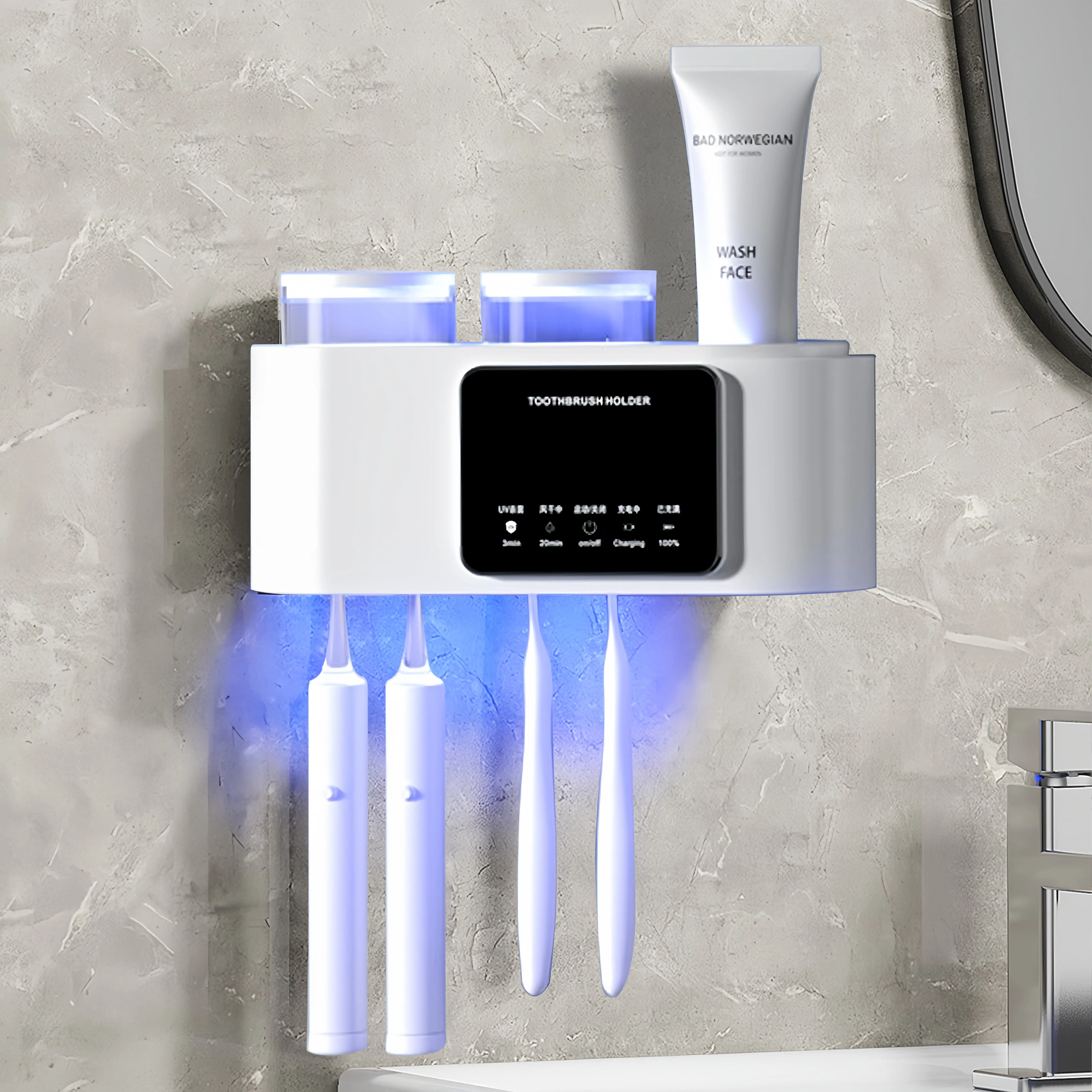 Toothbrush Sterilizer and Toothbrush Holder with 2 Tooth Cups and Smart Sterilizer, Bathroom Toothbrush Protection for Effective Cleaning and Drying, Bathroom Products Organizer White