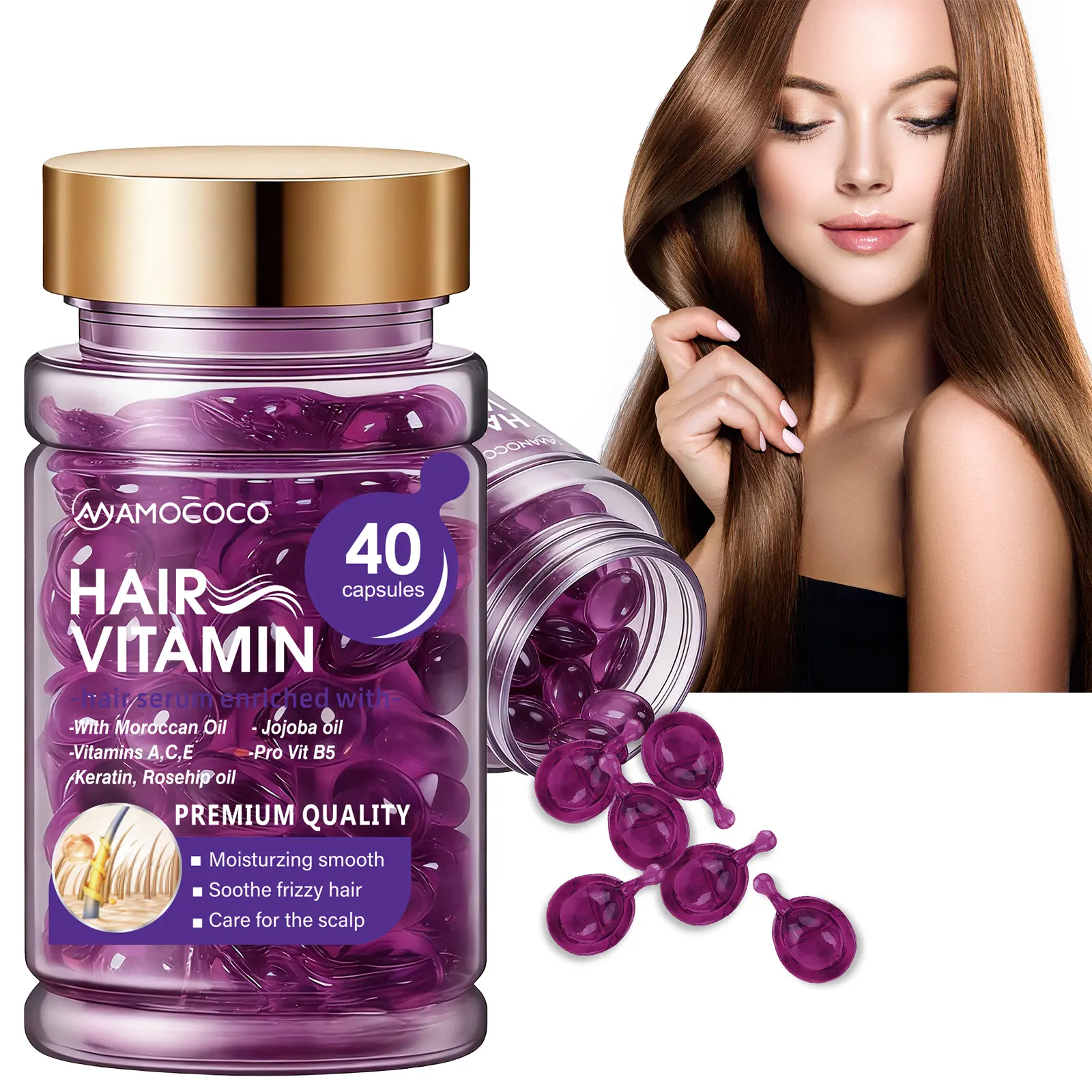 Hair Vitamin Capsules Infused with Violet Vitamins & Argan Oil for Color-Treated & Permed Hair Smooths Frizz Restores Silkiness & Shine 40 Capsules.