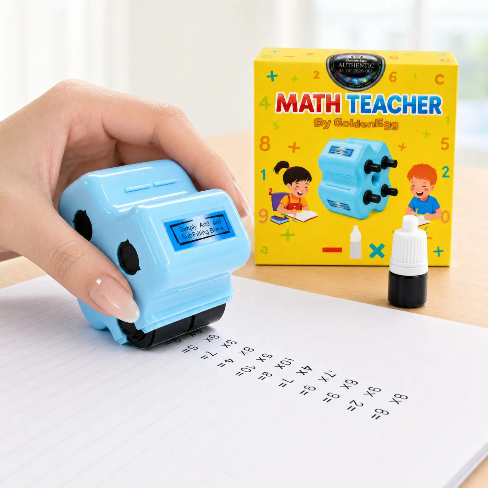 Math Teacher 4 in 1 Roller Stamp, Addition Subtraction Multiplication Practice Tool, Ink Stamp Roller for Kids Ages 5-9 1st 2nd 3rd Grade Classroom Homeschool Home Use, Back to School Supplies, Learning Gift for Kids | GoldenEgg