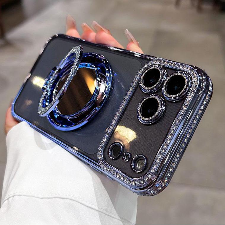 Women's Phone Case with Mirror & Stand for iPhone 12/13/14/15/16/17 Pro Max Plus Air Shiny Frame High-Definition Transparent Material Full-Body Drop-Resistant Design