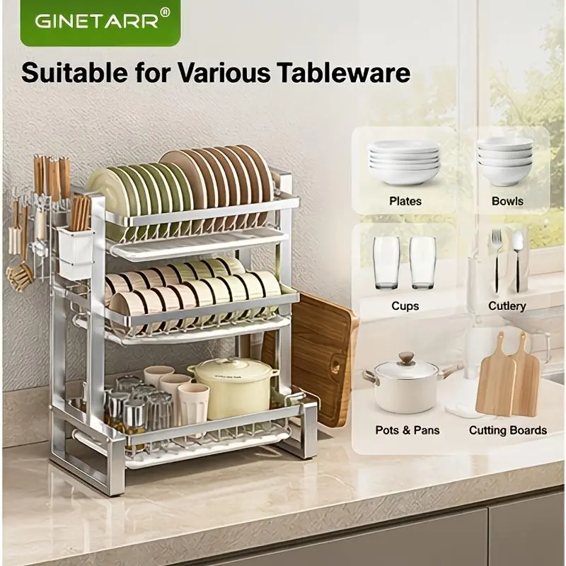 3-Tier Stainless Steel Rectangular Kitchen Dish Organiser, Single Unit Durable 3-Layer Storage with Draining Tray, Drainage Holes for Countertop Tableware Rest