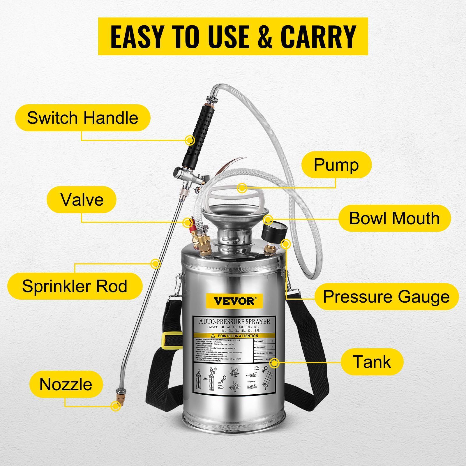 VEVOR Stainless Steel Sprayer, Set with Wand& Handle& Reinforced Hose, Hand Pump Sprayer with Pressure Gauge&Safety Valve, Adjustable Nozzle Suitable for Gardening& Sanitizing