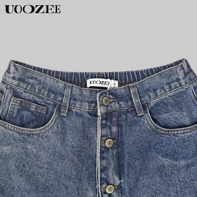 UOOZEE TikTok Exclusive Women's Casual Pocket Decorative Non-functional Buttons Wide Leg Loose Back Elastic Jeans High Waist Single Breasted Non-Elastic Regular Back Waist Comfortable Fit Outfits Womenswear Clothes Denim Bottom straight leg jeans Hip
