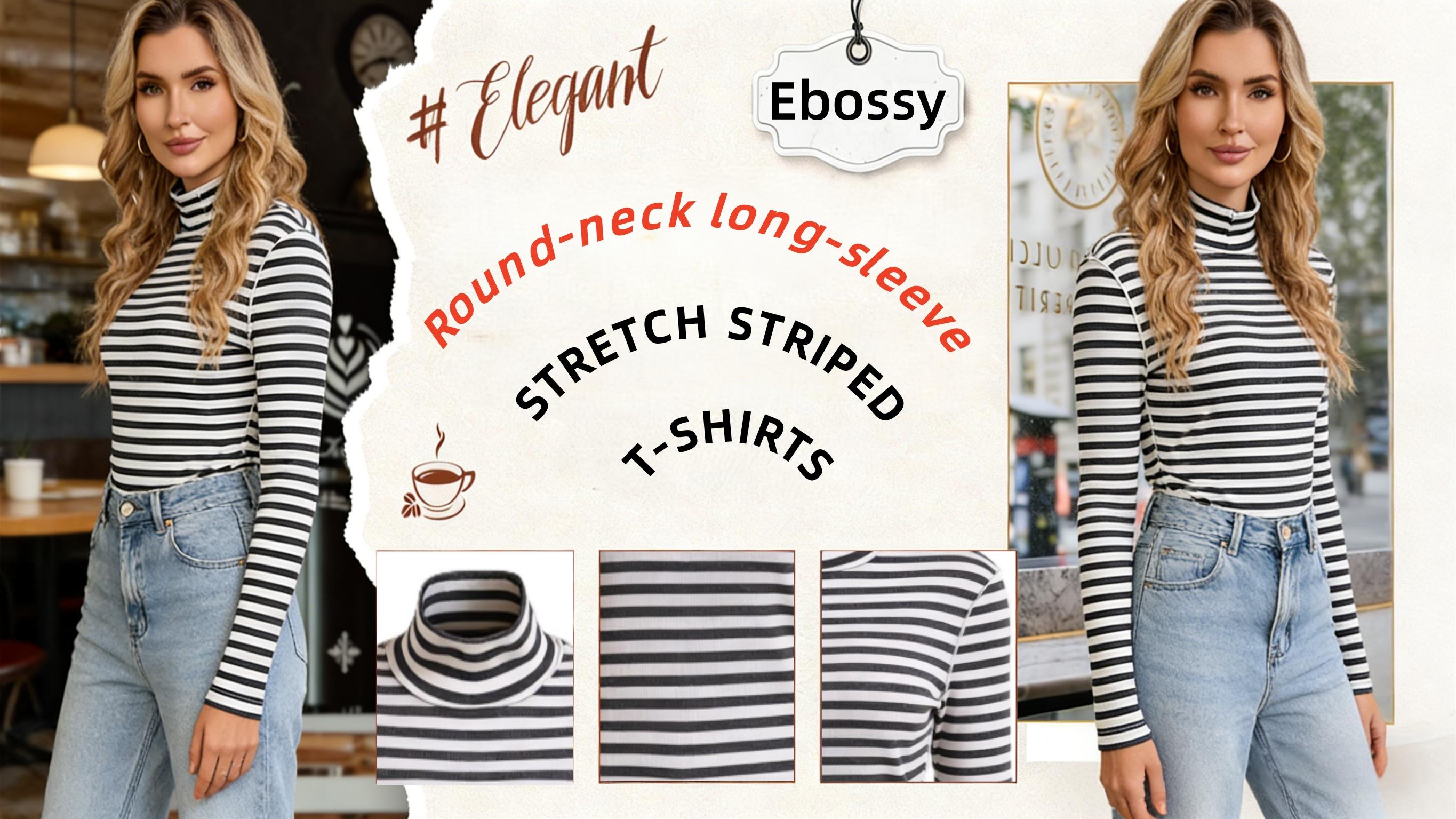 Ebossy Women's Slim-Fit Striped Turtleneck Lightweight Long Sleeve Top Soft Stretch Fabric Back Detail Basic Layering Shirt Perfect for spring & summer, casual daily & work outfits