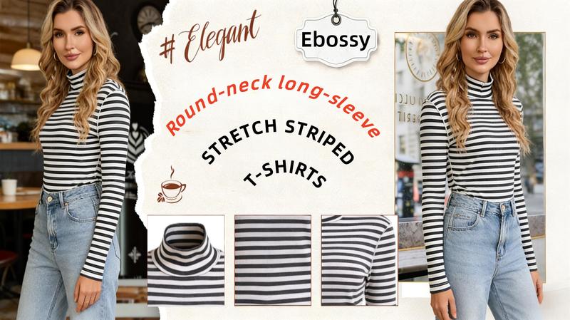 Ebossy Women's Slim-Fit Striped Turtleneck Long Sleeve Top Soft Stretch Fabric Back Detail Basic Layering Shirt for Casual Daily Work Outfits