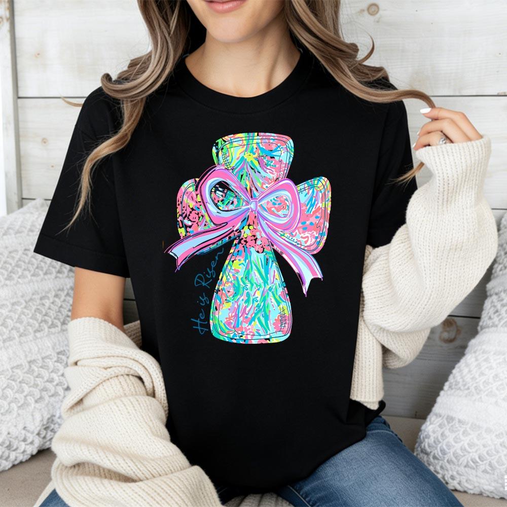 Cotton casual round-neck short-sleeve summer T-shirt with vibrant cross and bow design "He Is Risen" printed graphic tee machine washable not dry cleanable