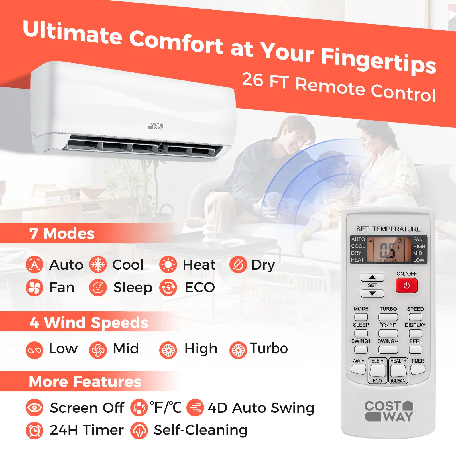 COSTWAY - Blast Series 12000 BTU 20 SEER2 115V Ductless Mini Split Air Conditioner Heat Pump