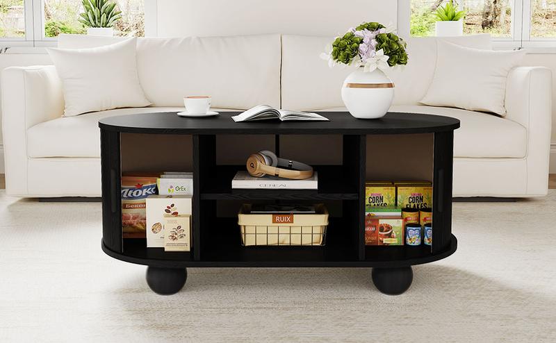 Giratree Oval Coffee Table, Mid-Century Modern Coffee Table with Storage & Sliding Doors, Fluted Coffee Table Center Table for Living Room, Dining Room, Apartment, Home Office Giratree Oval Coffee Table, Mid-Century Modern Coffee Table with Storage & Sliding Doors, Fluted Coffee Table Center Table for Living Room, Dining Room, Apartment, Home Office