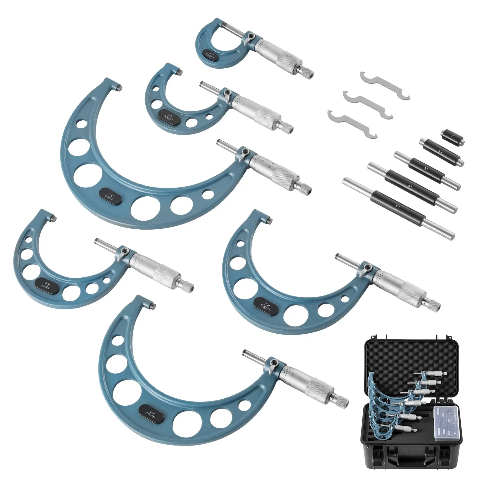 【Summerfinds】VEVOR 6-PCS Machinist Outside Micrometer Tool Kit Set0-1"/1-2"/2-3"/3-4"/4-5"/5-6" Range0.0001" Precision AccuracyProfessional Metalworking & Engineering Tools with Protective Case, Hardware, Tool Kit Set