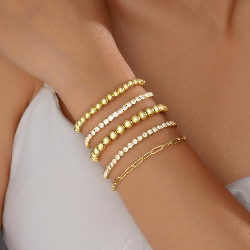 17KM 5PCS 16K Gold Plated Women's Bracelet Set with Sparkling Zircons Trendy Stackable Beaded & Chain Bracelets Non-Tarnish Jewelry for Gifts