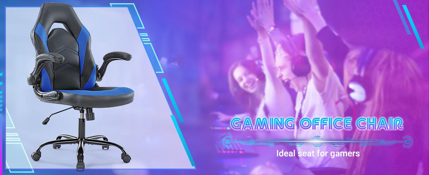 Sweet Furniture F Gaming Chair, Ergonomic Office Chair High Back Computer Chair with PU Leather and Flip-up Armrest, Executive Ergonomic Adjustable Swivel Task Chair