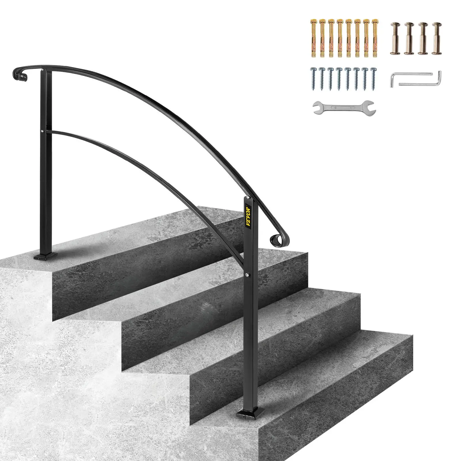VEVOR Matte Black Sturdy Wrought Iron Metal Handrail, 106cm Ergonomic Safety Design for 1 or 4 Concrete Steps, Elderly & Pregnant-Safe Outdoor Stair Rail with Quick Install Kit (2 Allen Wrenches), Curly Side#SohoChic, Protection Feature