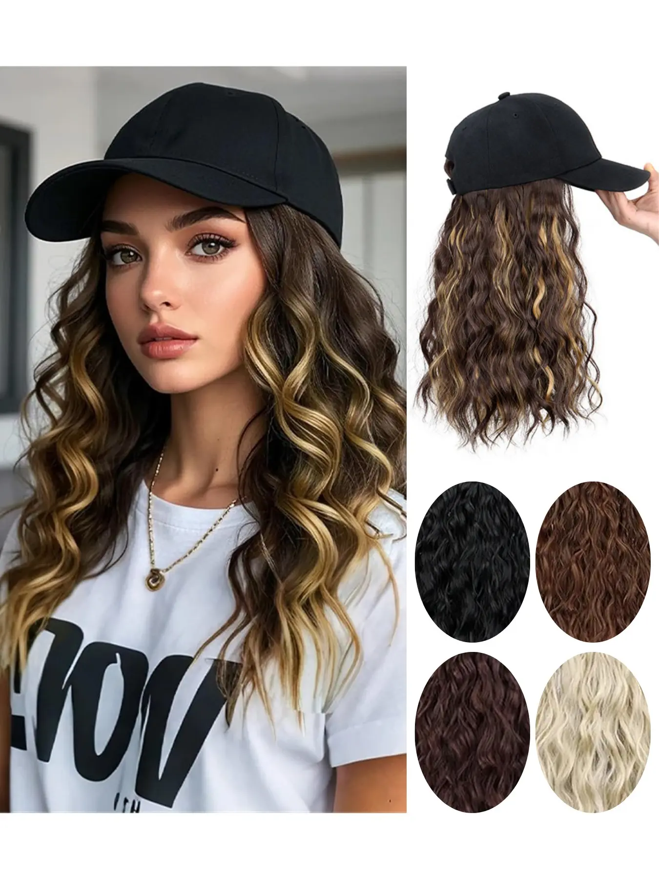 Synthetic Fiber Wigs Women Baseball Cap Integrated Medium-Length Ripple Baseball Hat Headband, Stylish and Comfortable Hair Accessory, Fashion Wig, Synthetic Curly Wigs