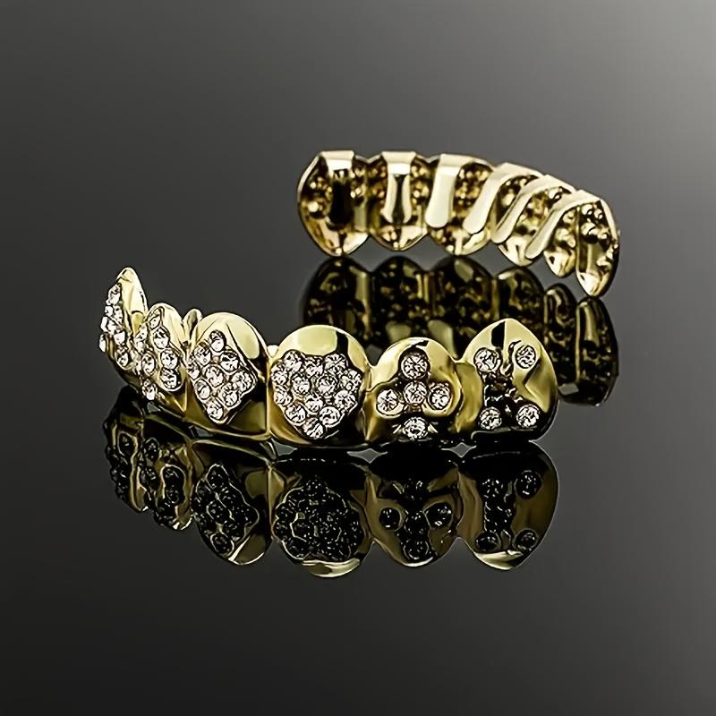 2Pcs Poker Teeth Grillz with Sparkling Cubic Zirconia Stones - Hip Hop Rapper Costume Cosmetic Jewelry, Perfect for Halloween, Parties & Gifts, Copper Material, No Power Needed, Halloween Accessory | Gothic Style Grillz | Copper Base Jewelry