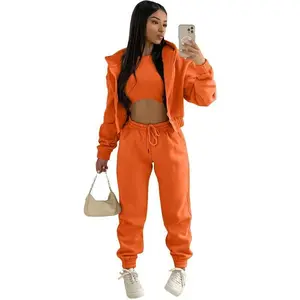 Women 3 Piece Sets Casual Long Sleeve Zip Hoodies+Ribbed Tank+High Waist Sweatpants Jogger Pant Suits Sporty Three Pieces Outfit Clothes WomenswearChristmas Fitted Basic