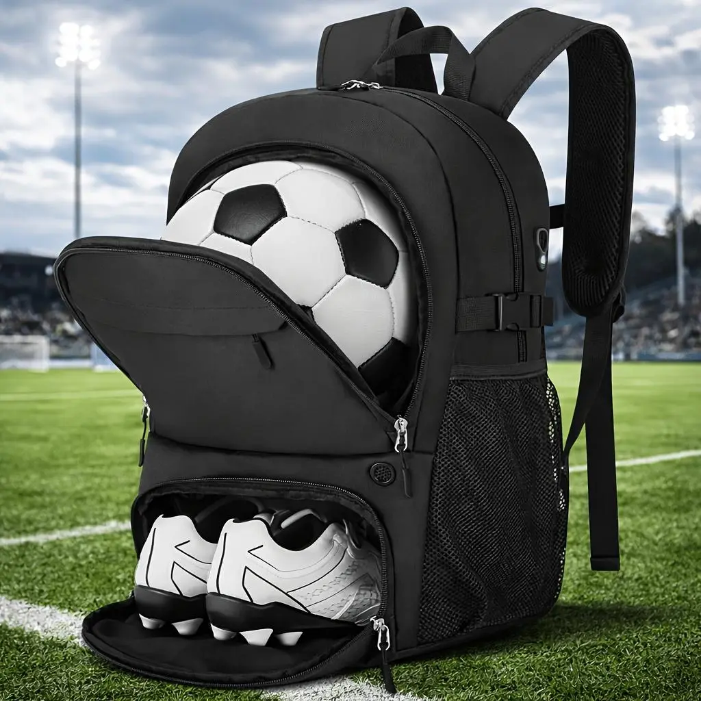 Athletic Extra Storage Mesh Pockets Backpack - Soccer Basketball Ball Holder, Large Sports Equipment Bag with Separate Shoe Compartment for Football Training, Gym, Athletic Backpacks, Extra Storage Backpacks