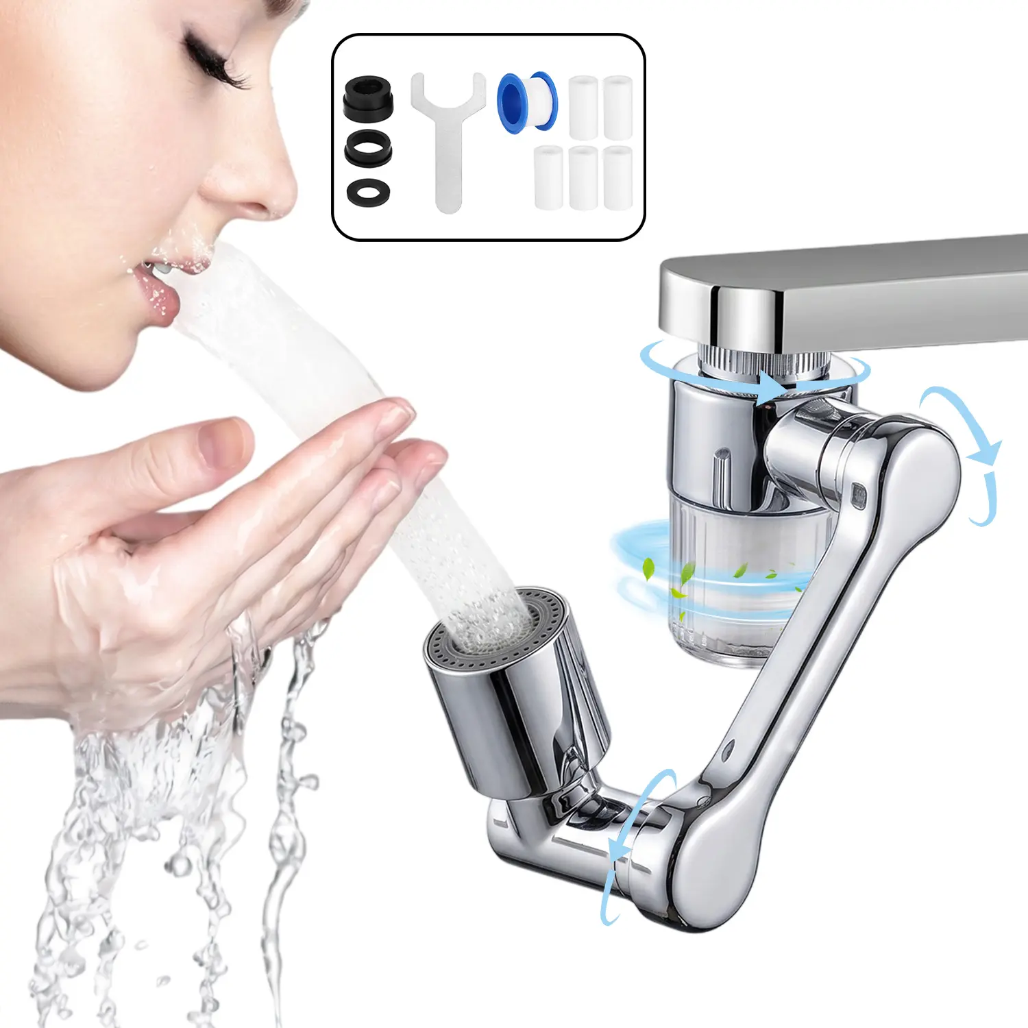 1440° Rotatable Swivel Joint Faucet Extender with Flexible Arm, 5pcs Replaceable Water Filter for Water Filtration, 2 Spray Modes, Universal Indoor Use for Kitchen & Bathroom, Rotates 1440°
