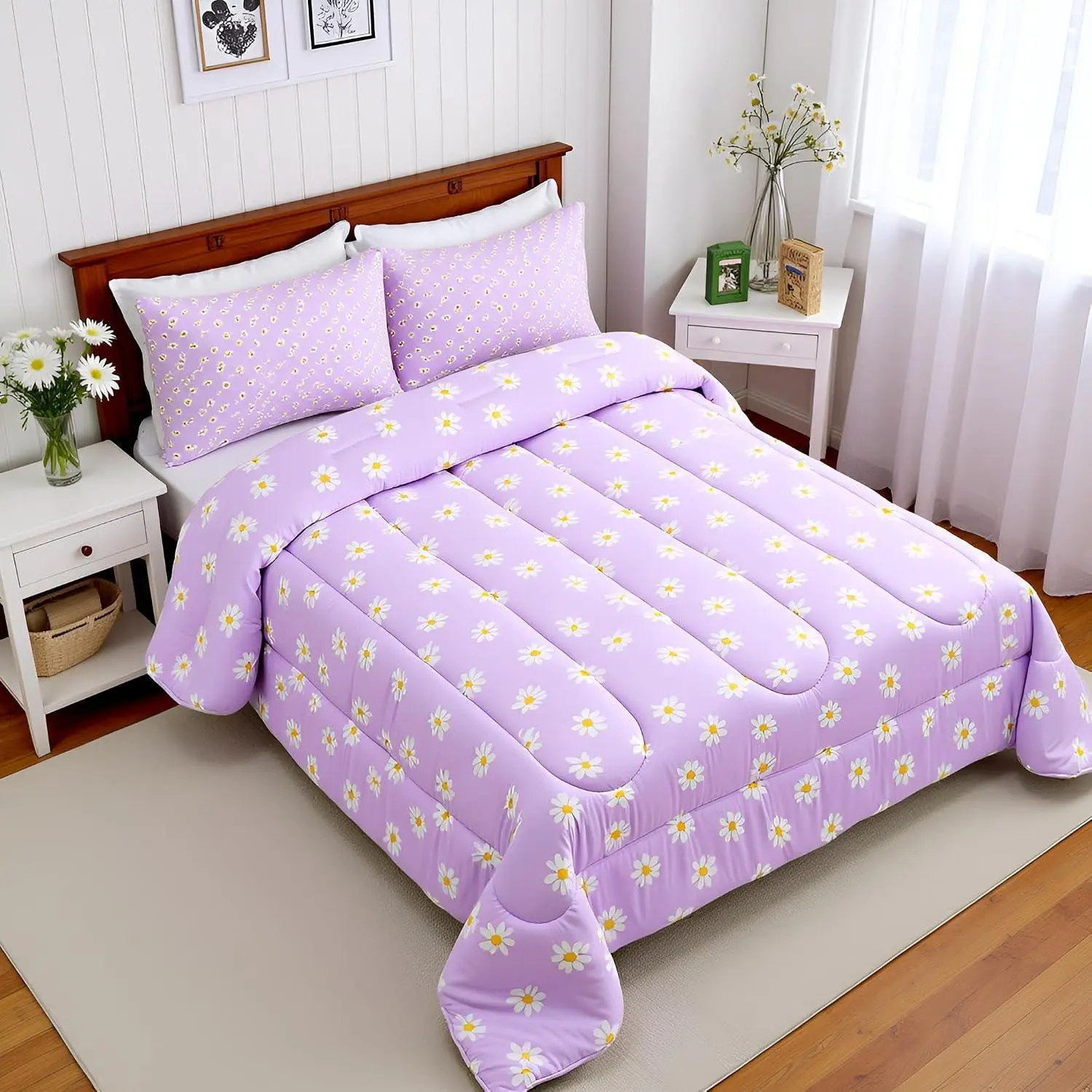 Feelyou Cartoon Daisy Botanical Flowers Bedding Set - Multi-Size Geometric Patchwork Art Fabric Comforter, Purple Chic Duvet Insert, Pillowcases, Women's Bedroom Bundle Room Decor