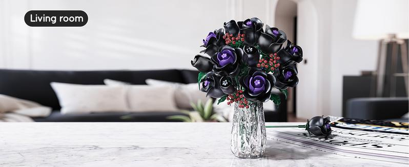 HOGOKIDS Flower Bouquet Building Set 330PCS Black Roses Botanical Plants, Decorative Ornaments, Magnetic Blocks for Home, Christmas, Birthday & Valentine’s Gift for Kids & Adults 8+
