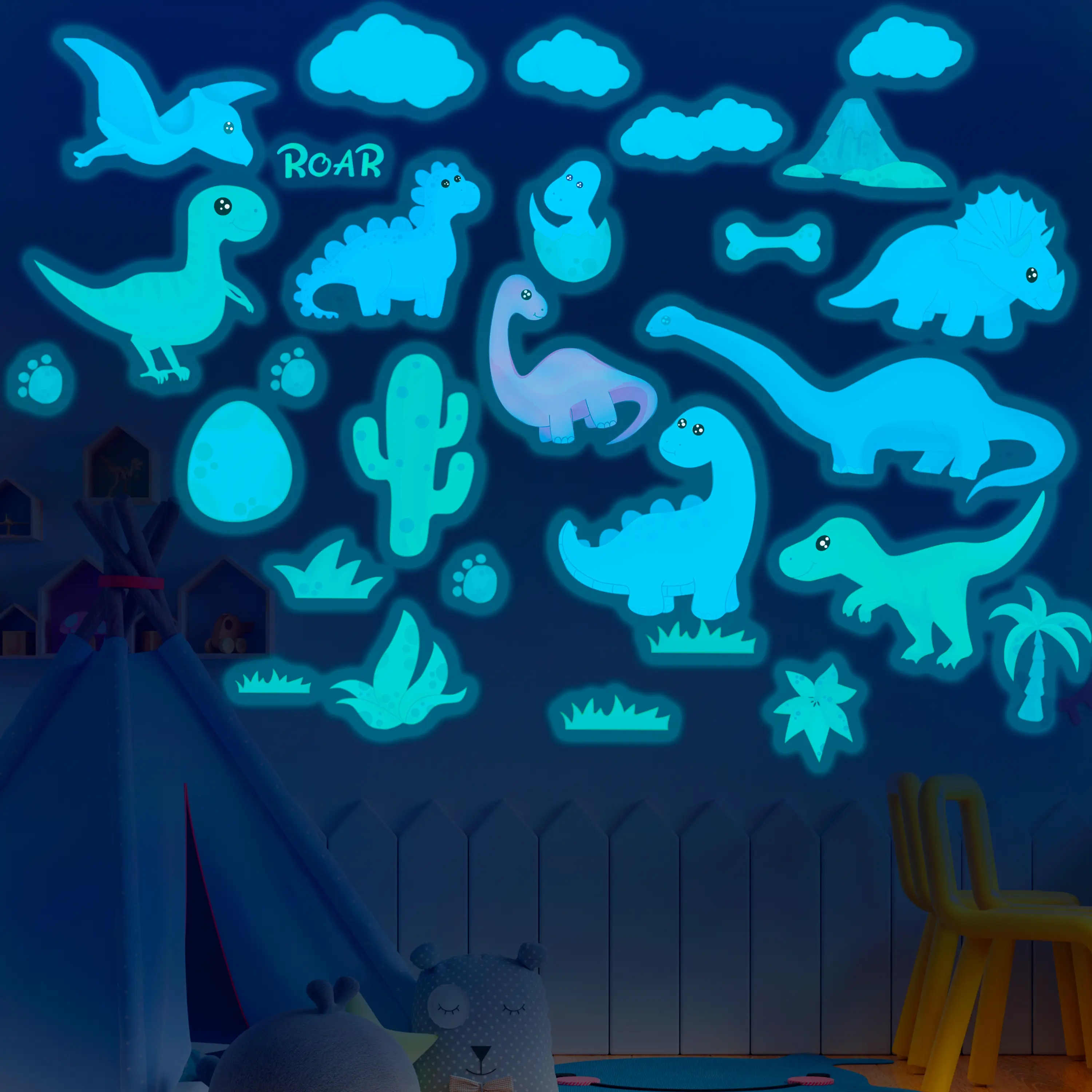 Liderstar Decorative Glow-in-the-Dark Dinosaur Wall Decals - Fluorescent Light Vibrant High Gloss Self-Adhesive 3D Luminous Plastic Night Décor, Kids Bedroom Gift