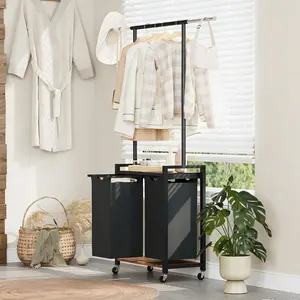 2-Section Rolling Laundry Cart with Hanging Rack & Utility Shelf | Laundry Sorter Hamper with Lockable Wheels | Laundry Basket Organizer for Bedroom