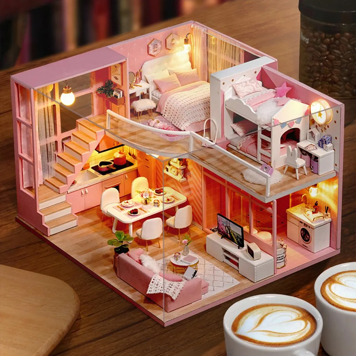 DIY Wooden Play House Kit, 1 Set Dreamy Bedroom Design Play House Assembly Model with Furniture, Handmade Model Building Kit, Indoor Playhouse, Pretend Playhouse, Wooden Doll House