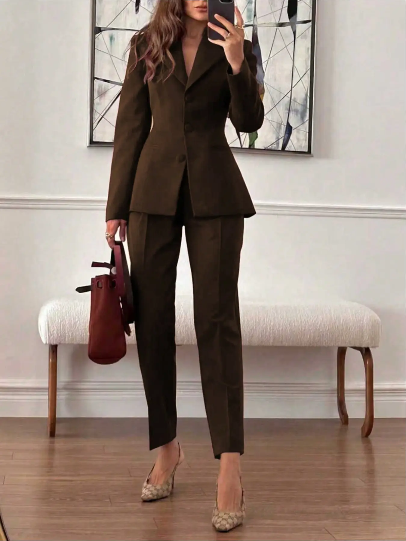 Two-piece set: elegant everyday business commuter outfit, Corporate Outfits Women, Essential Business Attire, Office Wear, suits, simple basic waist-cinching long-sleeve fitted blazer + cuffed 7/8 length trousers, Matching, Chic, Elegance
