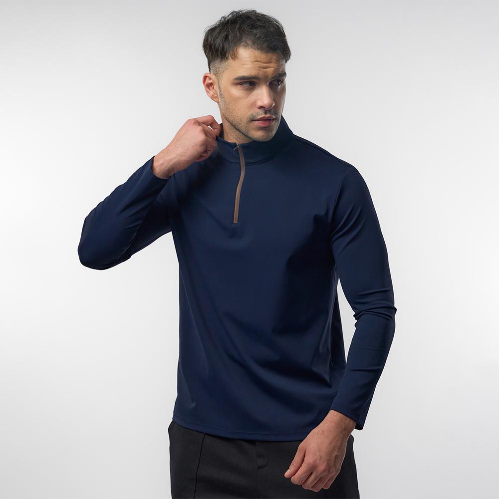 Fioboc Men's SmoothBlend Slim Fit Half-Zip Mock Neck T-Shirt - Contrast Trim Casual Basic Long Sleeve Top