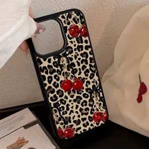 Retro Leopard Print Cherry Pattern Textured Phone Case for iPhone 17/16/15/14 Pro Max/13/12/11 Air/XR/XS Plus - High-end Luxury Magnetic Phone Case with 3D Embossed Pattern Effect and Glossy Gradient Anti-drop Protection.
