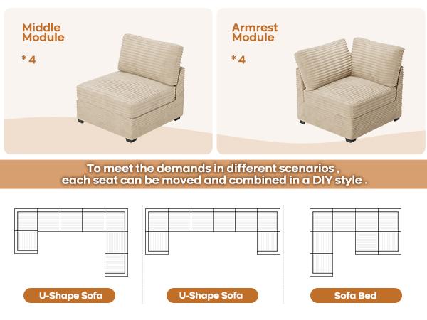 【8 Packages Shipping】Ovios 130.7" Modular Sectional Sofa Couch, U-Shaped Minimalist Couches with Sofa Bed Chaise, L-Shaped Modern Deep Seat Cloud Plush Corduroy Sofas with Ottoman Set for Living Room, 8 Seater 【8 Packages Shipping】Ovios 130.7" Modular Sectional Sofa Couch, U-Shaped Minimalist Couches with Sofa Bed Chaise, L-Shaped Modern Deep Seat Cloud Plush Corduroy Sofas with Ottoman Set for Living Room, 8 Seater