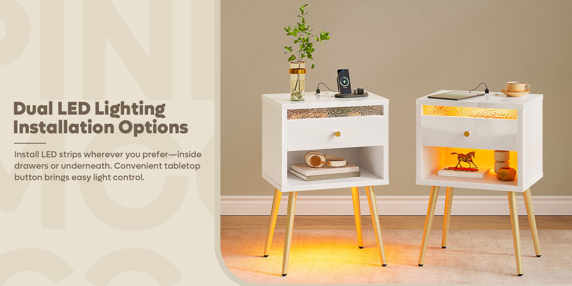 Pinmoco Set of 2 LED Nightstand with Charging Station, Modern Bedside Table with Drawer and Open Storage for Bedroom Pinmoco Set of 2 LED Nightstand with Charging Station, Modern Bedside Table with Drawer and Open Storage for Bedroom