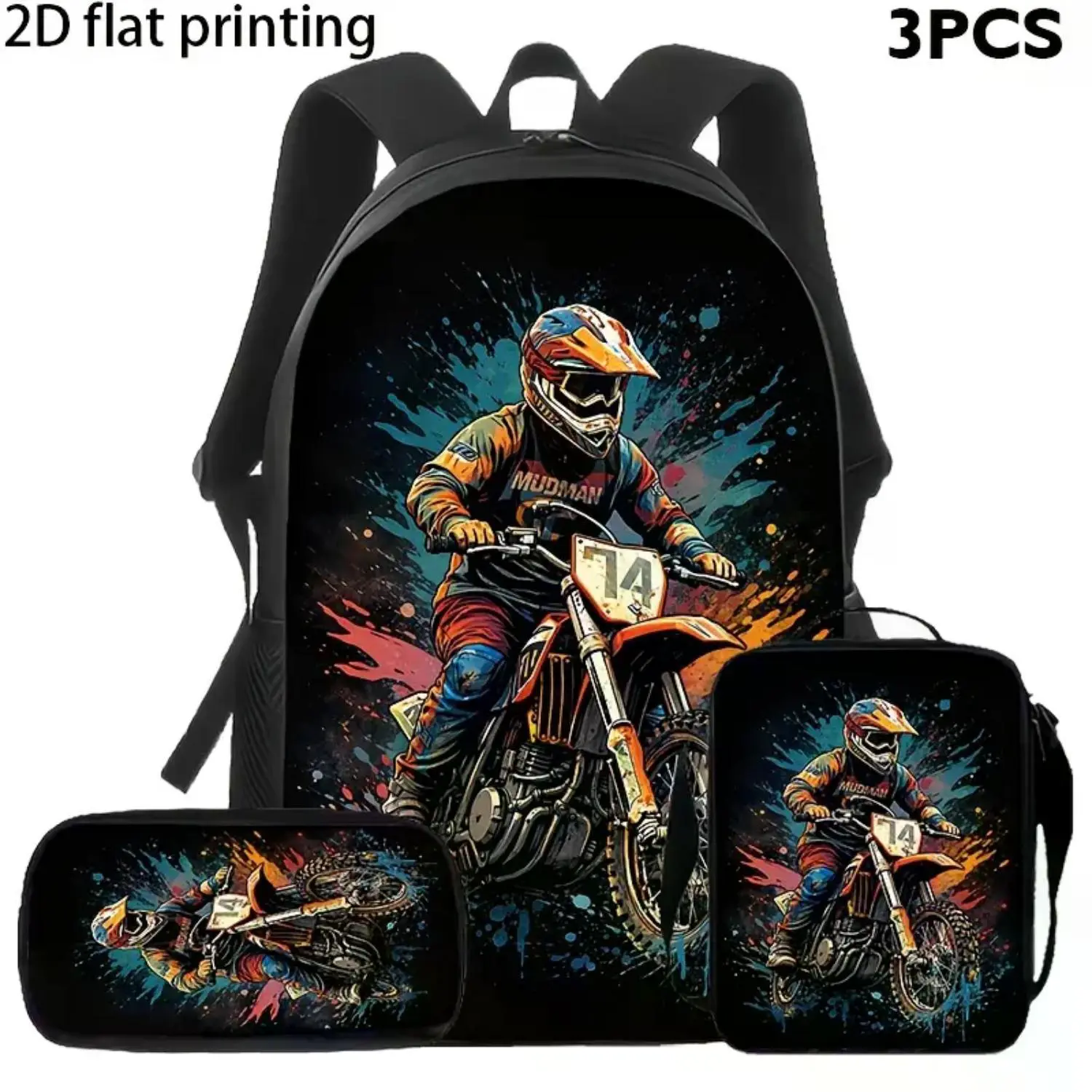 Motocross Racing 3-Piece Backpack Set for Kids: Durable School & Travel Bag with Lunchbox, Pencil Case & Adjustable Straps