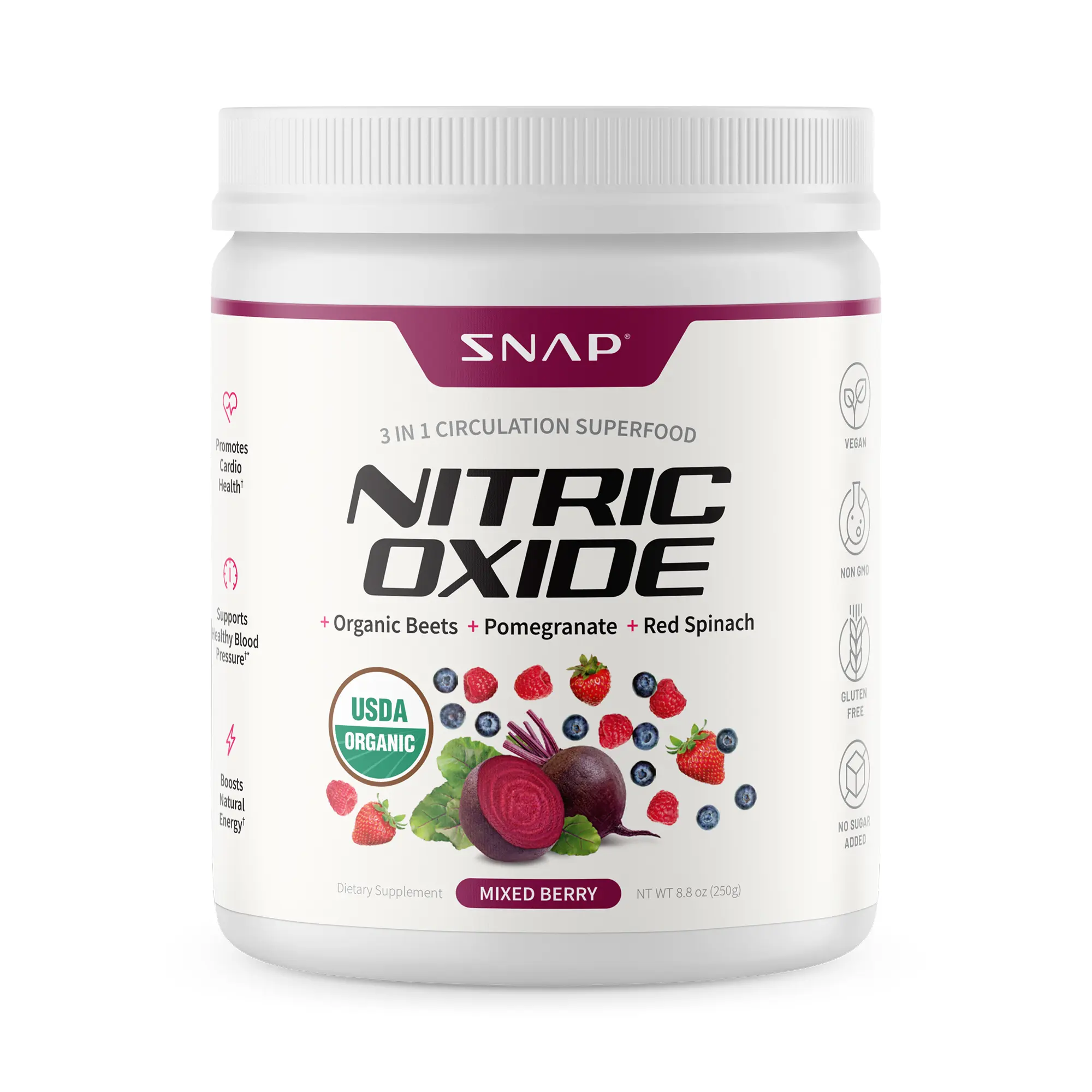 Snap Supplements - USDA Organic Beet Root Powder - 3-in-1 Nitric Oxide Supplement - Support Healthy Blood Pressure & Blood Circulation - Mixed Berry