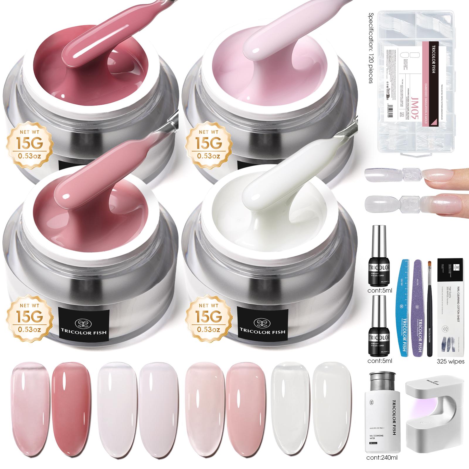 TRICOLOR FISH 3in1 Building Gel Set 4 Colors French Rectangular Pastel Soft Gel Nail Art Short Oval Square Extension DIY Home Nail Art Pen Base Coat