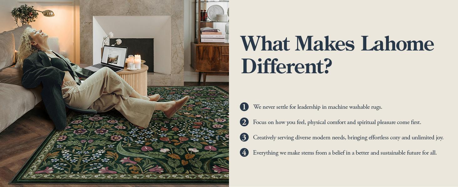 Lahome Floral Washable Rug, Large Rugs for Living Room, Soft Boho Bedroom Rugs, Non Slip Botanical Ultra Thin Floor Carpet for Dining Room Nursery