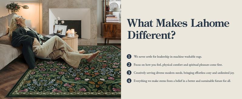 Lahome Floral Washable Rug, Large Rugs for Living Room, Soft Boho Bedroom Rugs, Non Slip Botanical Ultra Thin Floor Carpet for Dining Room Nursery