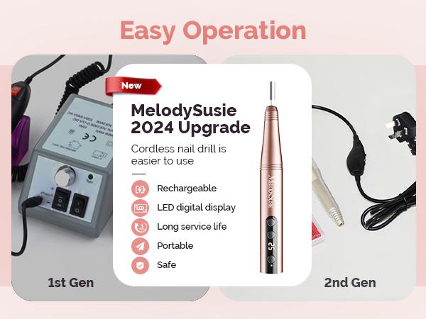 MelodySusie PC180F Cordless Electric Nail Drill Machine with 6 Nail Drill Bits, 25000RPM Rechargeable Nail Care Manicure Set for Acrylic Nail Art