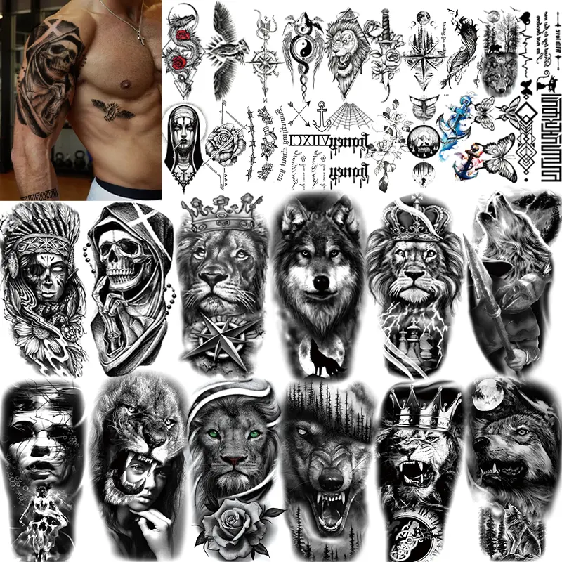 32-Sheet Real Looking Temporary Tattoos Stickers, 12 Sheet Black Tiger Lion Wolf Totem Adult Tattoos Temporary,20 Sheet Small Size Fake Tattoos Men Christmas Gift sticker tattoo sleeve