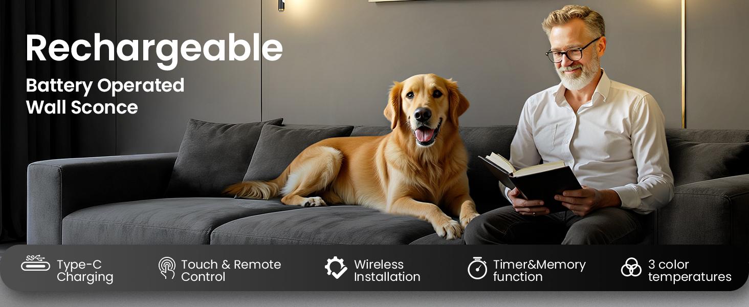 【Non-Removable Battery】Battery Operated Wall Lights Set of Two, Non-Removable Battery, 10000mAH Rechargeable Wall Lamps with Remote Control, Dimmable Black Gold LED Wireless Wall Sconces for Bedroom, Living Room, Hallway, Dining Room, 360° Rotate 3CCT