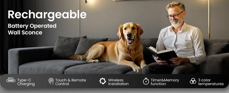 【Non-Removable Battery】Battery Operated Wall Lights Set of Two, Non-Removable Battery, 10000mAH Rechargeable Wall Lamps with Remote Control, Dimmable Black Gold LED Wireless Wall Sconces for Bedroom, Living Room, Hallway, Dining Room, 360° Rotate 3CCT