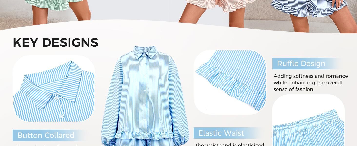 Fisoew Womens Stripe 2 Piece Lounge Sets Button Down Ruffle Shirts Shorts Sets Casual Oversized Pajama Sets Loungewear