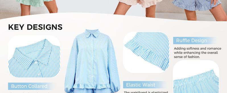 Fisoew Womens Stripe 2 Piece Lounge Sets Button Down Ruffle Shirts Shorts Sets Casual Oversized Pajama Sets Loungewear